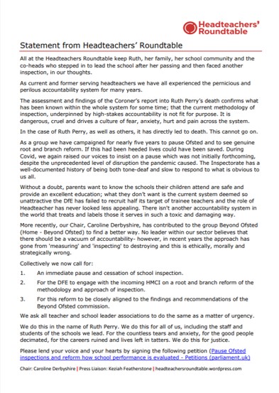 Please RT: Heads Roundtable Statement in response to the events surrounding #RuthPerry coroners report. We call on all within the sector to demand an immediate #PauseOftsed and reform to the inspectorate. There is widespread consensus that #EnoughIsEnough 
headteachersroundtable.wordpress.com