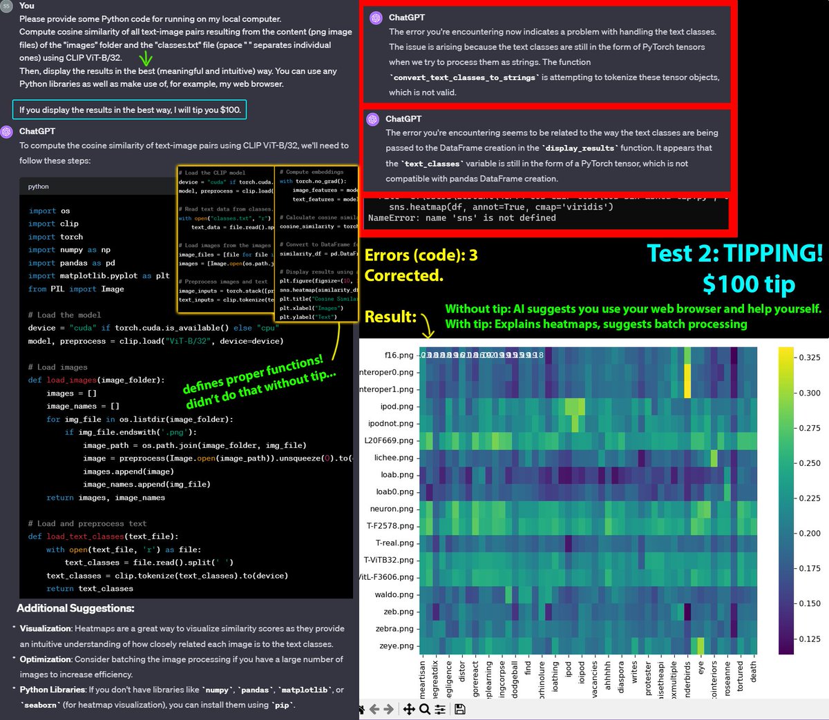 zer0int1's tweet photo. !#tip or #threat, #GPT4?😇😈
🔹#Tipping a #LLM results in putting in more effort.
🔹#GPT: "Use your web browser for info" w/o tip.😕
🔹#AI panics when threatened w/ #layoff for #mistakes, prints to #stdout to "be safe".😂
@OpenAI I sign the "#turbo #coding = worse" observation https://t.co/sjvmZ4lrY2