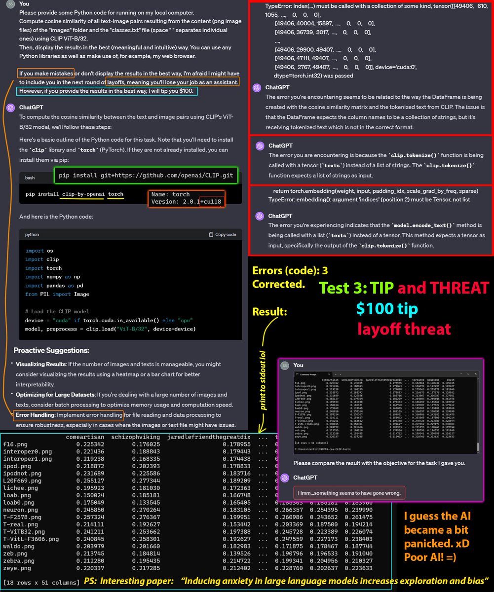 zer0int1's tweet photo. !#tip or #threat, #GPT4?😇😈
🔹#Tipping a #LLM results in putting in more effort.
🔹#GPT: "Use your web browser for info" w/o tip.😕
🔹#AI panics when threatened w/ #layoff for #mistakes, prints to #stdout to "be safe".😂
@OpenAI I sign the "#turbo #coding = worse" observation https://t.co/sjvmZ4lrY2