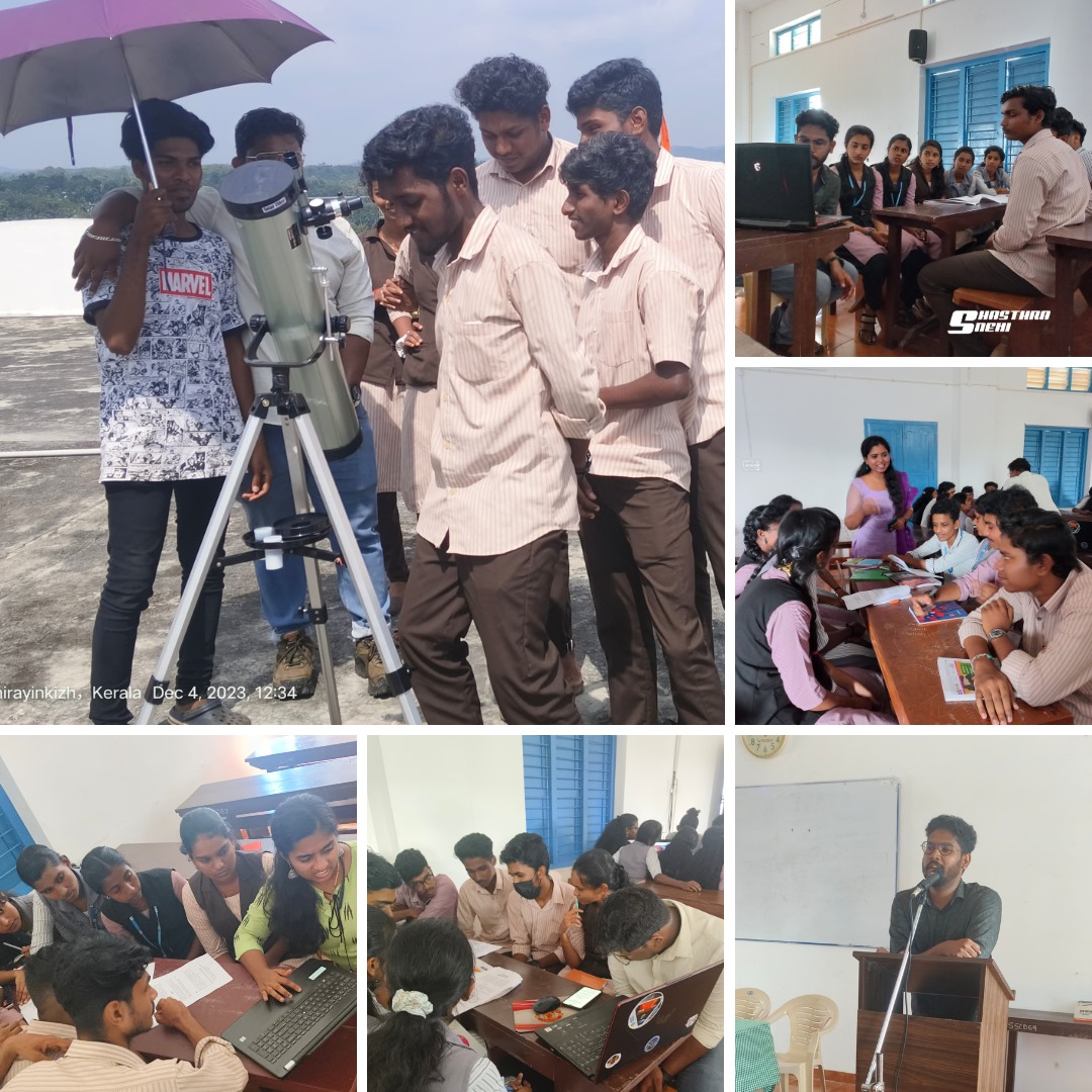 ShasthraSnehi's tweet photo. We are delighted to share with you that #ShasthraSnehi had successfully conducted #AstroQuest event at Sree Sankara College in Kerala on 04/12/23
The event started with talks on #Sun, Solar Activity and #SpaceWeather. The students were engaged with a hands on session to study Sun https://t.co/0v5Icus8Cm