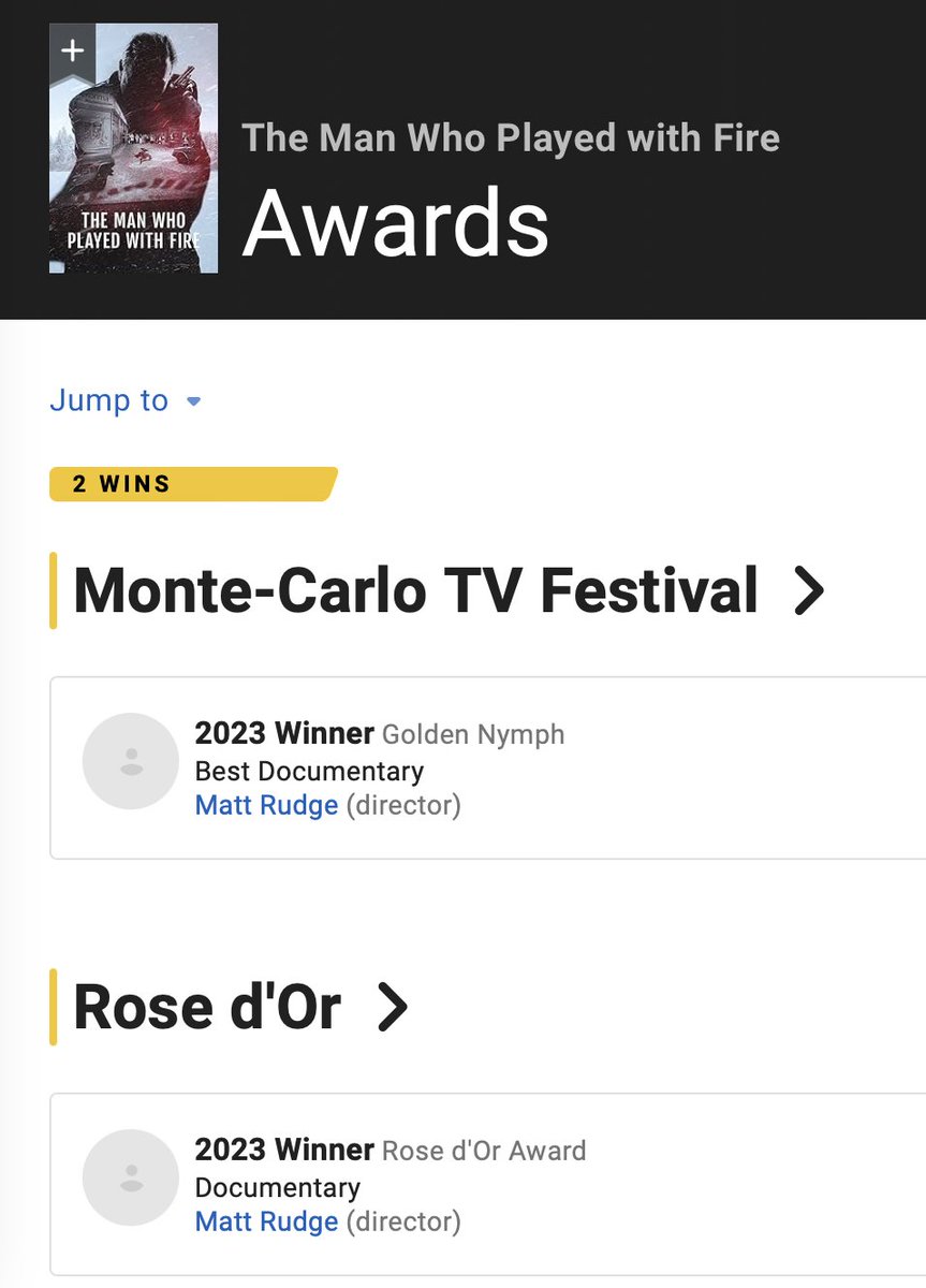 JanStocklassa's tweet photo. I'm amazed that #MattRudge and #Raw already won 2 awards for #Themanwhoplayedwithfire based on my book. A #goldennymph and a #rosedor for #bestdocumentary And they say more is coming... https://t.co/M9MkojutpB