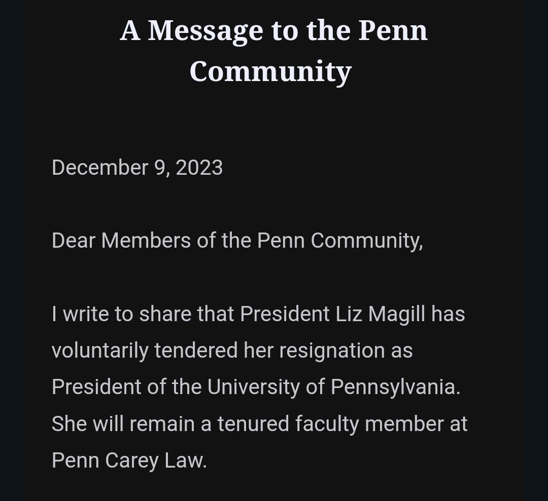 IsraelandStufff's tweet photo. House-cleaning has begun.
One down: @Penn President, Liz Magill resigns.
Soooo many more to go....@Harvard, @MIT to begin with....

There MUST BE no place for Anti-Semitism in American Universities...period!

 #NoPlaceForAntiSemitism #NoToleranceForAntiSemitism