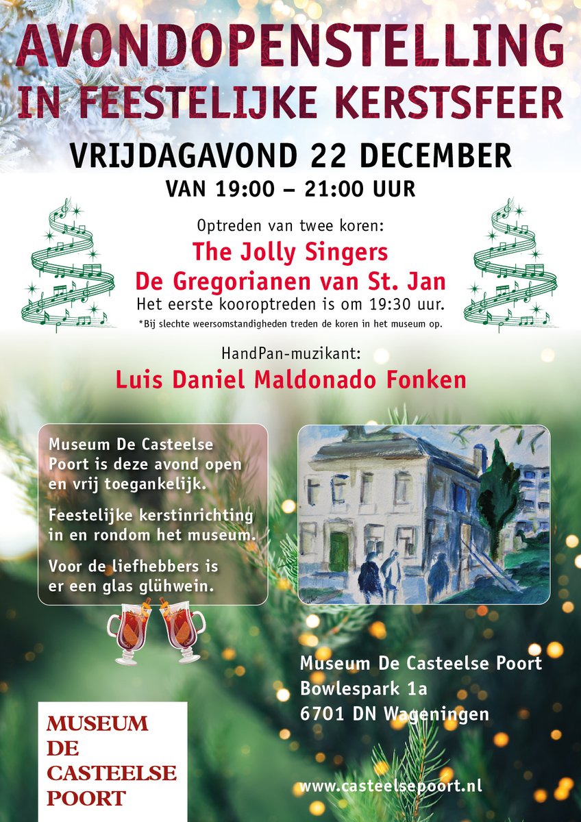 Op 22 december bent u welkom om te genieten van een bijzondere avondopenstelling van museum De Casteelse Poort. De toegang is deze avond gratis; 
Welkom van 19:00 - 21:00 uur.
#kerst #kerstsfeer #zangkoren #handpan  #cultuurinwageningen #proefwageningen