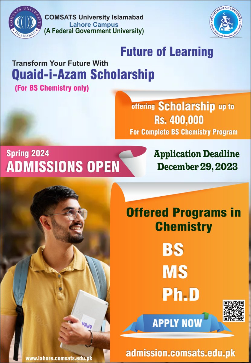 Mishbeeh's tweet photo. "Open your eyes to the wonders of education. COMSATS Lahore invites you to see the world differently through BS Chemistry!"  COMSATS UNVEILED BS CHEMISTRY .
#COMSATSLHR #JOURNEYBEGINS  #Scholarship https://t.co/68Y3FU9Uu9