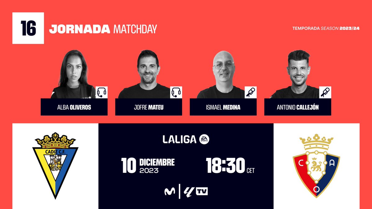 Jofre Mateu Gonzalez (@jofrem11) on Twitter photo #FelizDomingo
Caminar sobre el cristal
#jornada16
El #fútbol siempre en #LaLigaTV👇🏼
🏟 Nuevo Mirandilla
⌚️ 18:30
⚽️ <a href="/Cadiz_CF/">Cádiz Club de Fútbol</a> <a href="/Osasuna/">C. A. OSASUNA</a>
🎙<a href="/albaoliverosz/">Alba Oliveros</a> Ismael Medina <a href="/Calleti_Antonio/">Antonio Callejón</a> y☝🏼
<a href="/LaLiga/">LALIGA</a> #LALIGAEASPORTS #InsideLaLiga #CadizOsasuna <a href="/MovistarFutbol/">Fútbol en Movistar Plus+</a> #FelizDomingo
Caminar sobre el cristal
#jornada16
El #fútbol siempre en #LaLigaTV👇🏼
🏟 Nuevo Mirandilla
⌚️ 18:30
⚽️ <a href="/Cadiz_CF/">Cádiz Club de Fútbol</a> <a href="/Osasuna/">C. A. OSASUNA</a>
🎙<a href="/albaoliverosz/">Alba Oliveros</a> Ismael Medina <a href="/Calleti_Antonio/">Antonio Callejón</a> y☝🏼
<a href="/LaLiga/">LALIGA</a> #LALIGAEASPORTS #InsideLaLiga #CadizOsasuna <a href="/MovistarFutbol/">Fútbol en Movistar Plus+</a>