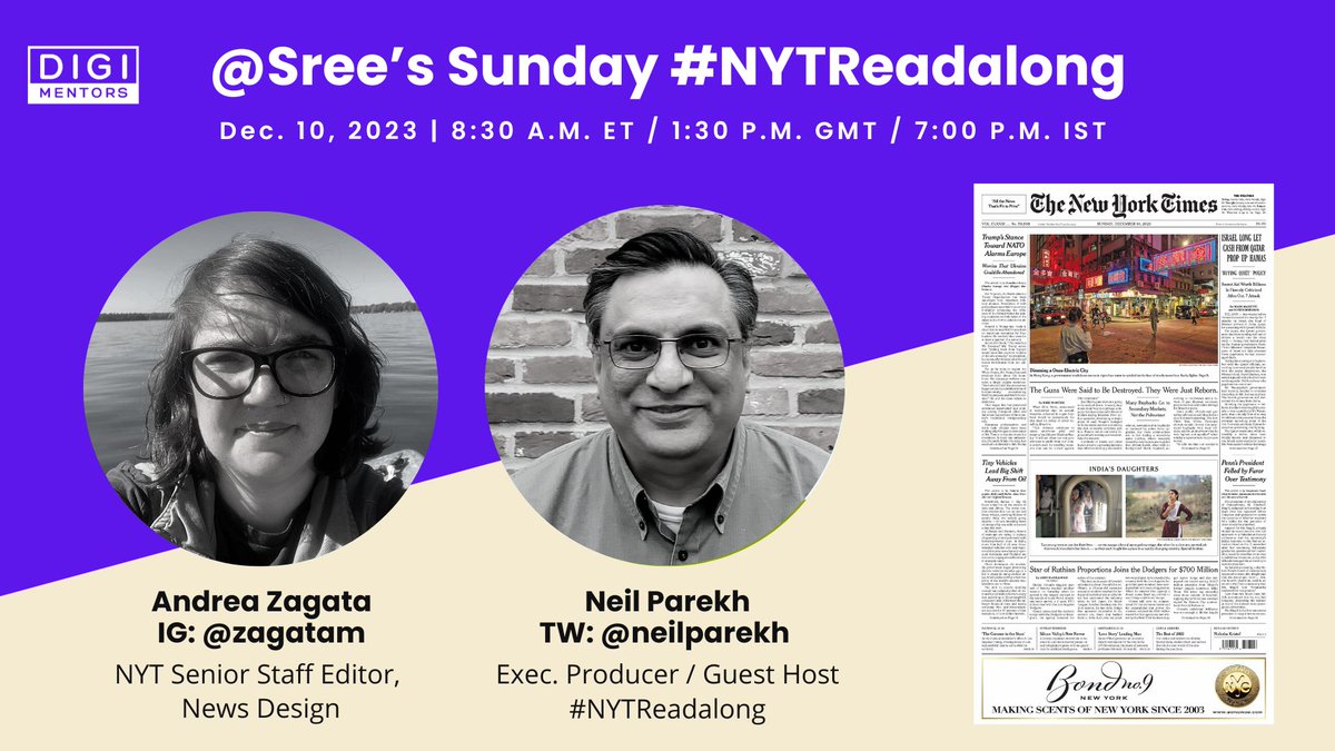 3/x Andrea Zagata is our guest on @Sree's Sunday #NYTReadalong. We'll focus on 'India's Daughters' and look at the Best of 2023 reports from @nytimesbooks and @nytimesarts. Join us live (8:30am ET) or later on FB, TW, LI, YT and our @Digimentors Website: digimentors.group/post/nytreadal…