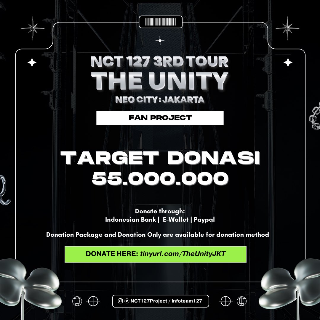 ✨Calling for all INA NCTzen✨ Donasi untuk Fan Project konser NCT 127 3RD TOUR ‘NEO CITY: JAKARTA - THE UNITY’ telah dibuka!! Detail cara donasi & daftar project yang telah diajukan terdapat di dalam form: 🔗tinyurl.com/TheUnityJKT Let’s all be united for urichil~💚