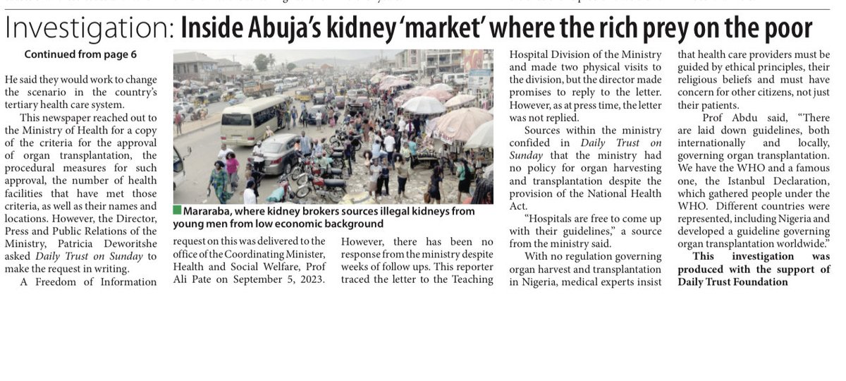 Lami Sadiq (@hurairasadiq) on Twitter photo ā¦<a href="/daily_trust/">Daily Trust</a>ā© dug deeper into d activities of kidney harvesting around d FCT & came out with this Investigationšš¾
ā¦<a href="/officialABAT/">Bola Ahmed Tinubu</a>ā©
ā¦<a href="/Fmohnigeria/">Federal Ministry of Health, NIGERIA</a>ā©
ā¦<a href="/muhammadpate/">Muhammad Ali Pate</a>ā©
ā¦<a href="/DrTunjiAlausa/">Dr. Tunji Alausa</a>ā©
ā¦<a href="/WHONigeria/">WHO Nigeria</a>ā©
ā¦<a href="/AmnestyNigeria/">Amnesty International Nigeria</a>ā©
dailytrust.com/investigation-⦠ā¦<a href="/daily_trust/">Daily Trust</a>ā© dug deeper into d activities of kidney harvesting around d FCT & came out with this Investigationšš¾
ā¦<a href="/officialABAT/">Bola Ahmed Tinubu</a>ā©
ā¦<a href="/Fmohnigeria/">Federal Ministry of Health, NIGERIA</a>ā©
ā¦<a href="/muhammadpate/">Muhammad Ali Pate</a>ā©
ā¦<a href="/DrTunjiAlausa/">Dr. Tunji Alausa</a>ā©
ā¦<a href="/WHONigeria/">WHO Nigeria</a>ā©
ā¦<a href="/AmnestyNigeria/">Amnesty International Nigeria</a>ā©
dailytrust.com/investigation-ā¦
