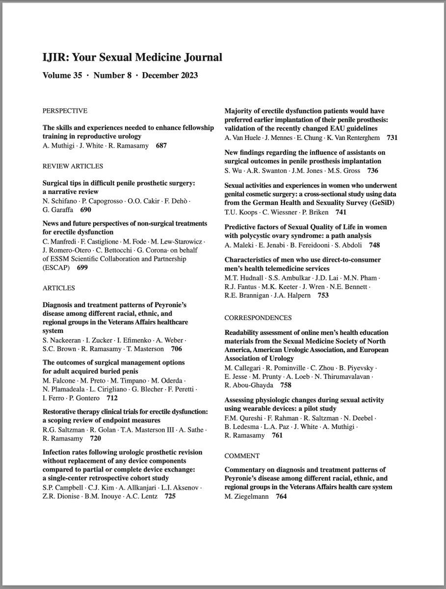 The December 2023 issue of IJIR: Your Sexual Medicine Journal is published. Check it out 👉nature.com/ijir/volumes/3… @AkhilMuthigi @ManfrediCeleste @SirpiNackeeran @drMarcoFalcone1 @RussellSaltzman @dioniseus @KoenraadvanRen1 @DartmouthUro @koops_t @MattHudnall @jdlai7 @UroFantusy