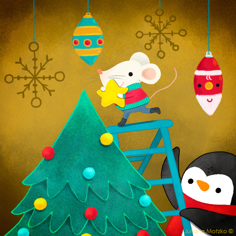 Team Work!
Another illo for the fabulous #WinterEmojiArt challenge: 🐭🎄🪜 !!

#mouse #penguin #holidaysdecor #holidays #emojichallenge #emojiart #newartchallenge #artchallenge  #christmaschallenge #kidlitart #kidlitartist #art #artist #illustration #illustrator #JulianaMotzko