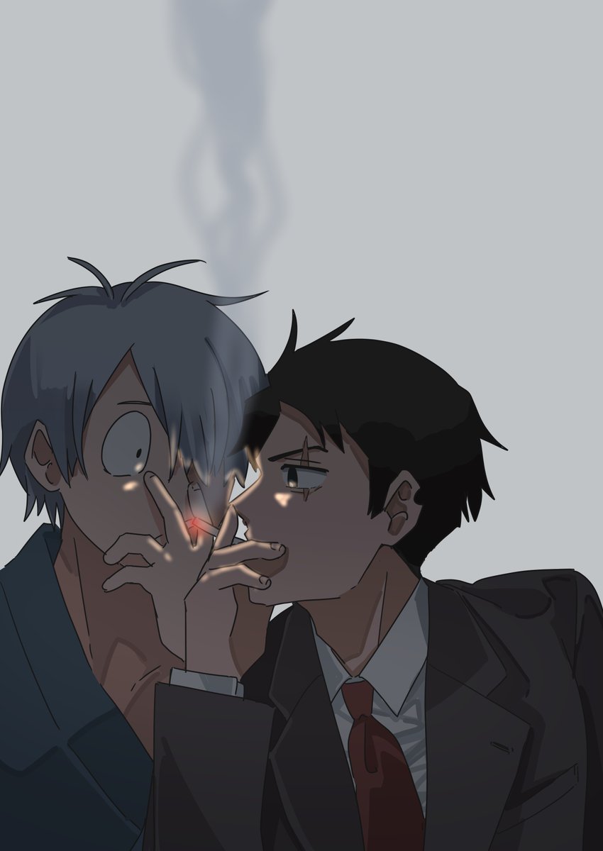 multiple boys 2boys cigarette necktie male focus smoking formal  illustration images