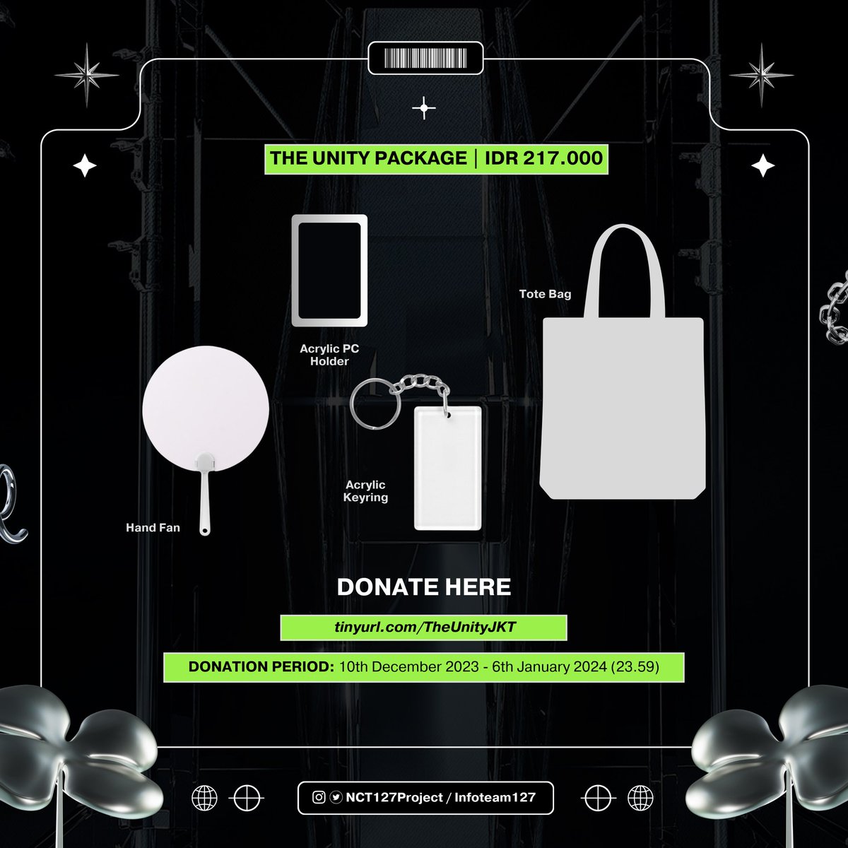 • The Unity Package (Rp.217.000) Package includes: Hand fan, Acrylic PC Holder, Acrylic Keyring, Tote bag.