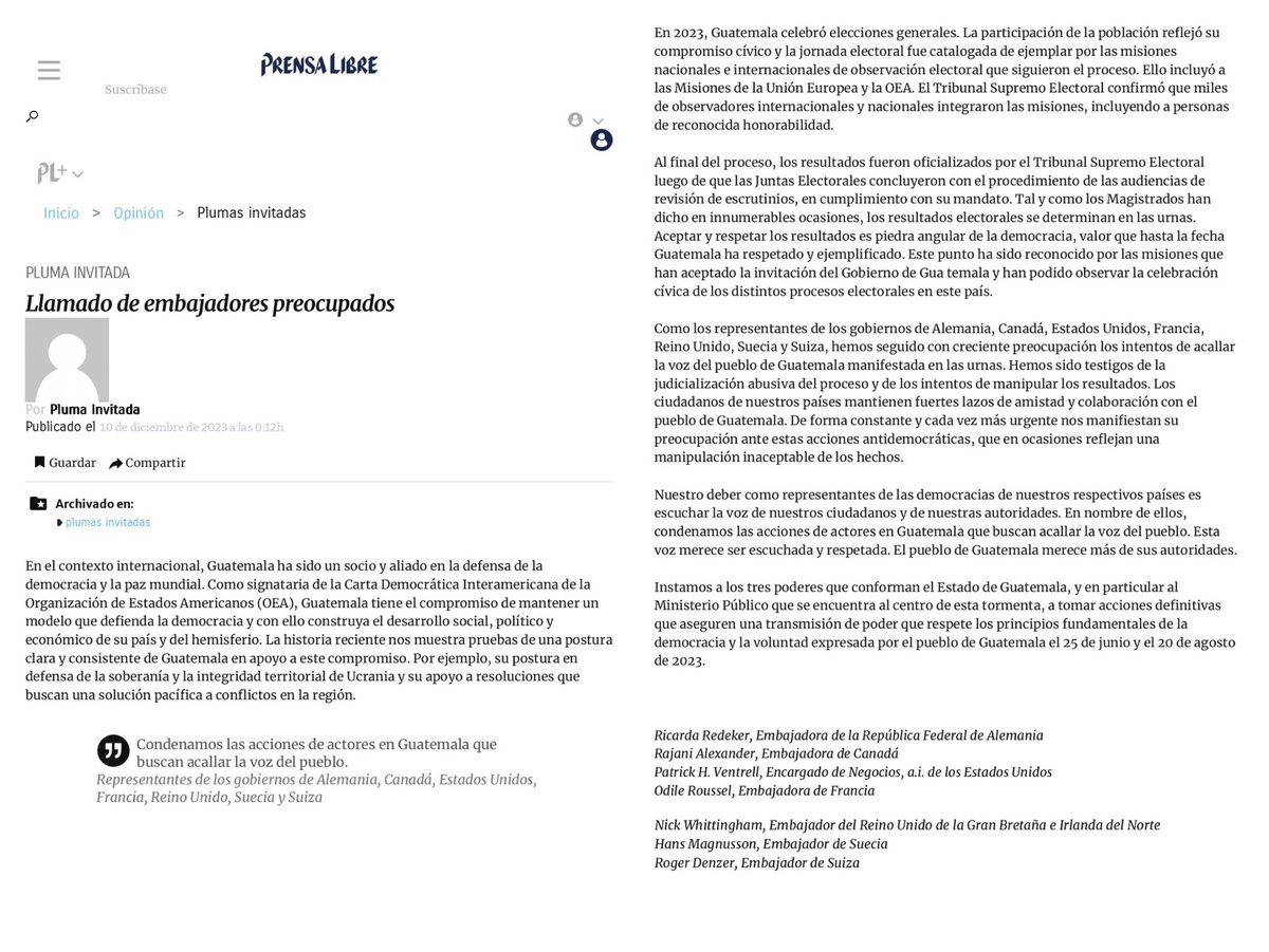 We invite you to read the column published today in <a href="/prensa_libre/">Prensa Libre</a> in which we join other Ambassadors in a call to Guatemalan institutions to take actions to respect democracy and the will of the people of #Guatemala.

prensalibre.com/opinion/plumas…