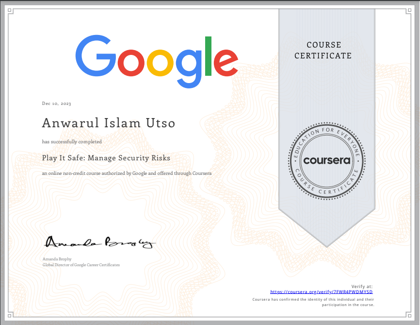 I completed Play It Safe: Manage Security Risks!  from  Coursera [Foundation of Cybersecurity -Google]-2nd part out of 8.
Check out my certificate coursera.org/share/24512422… #Coursera