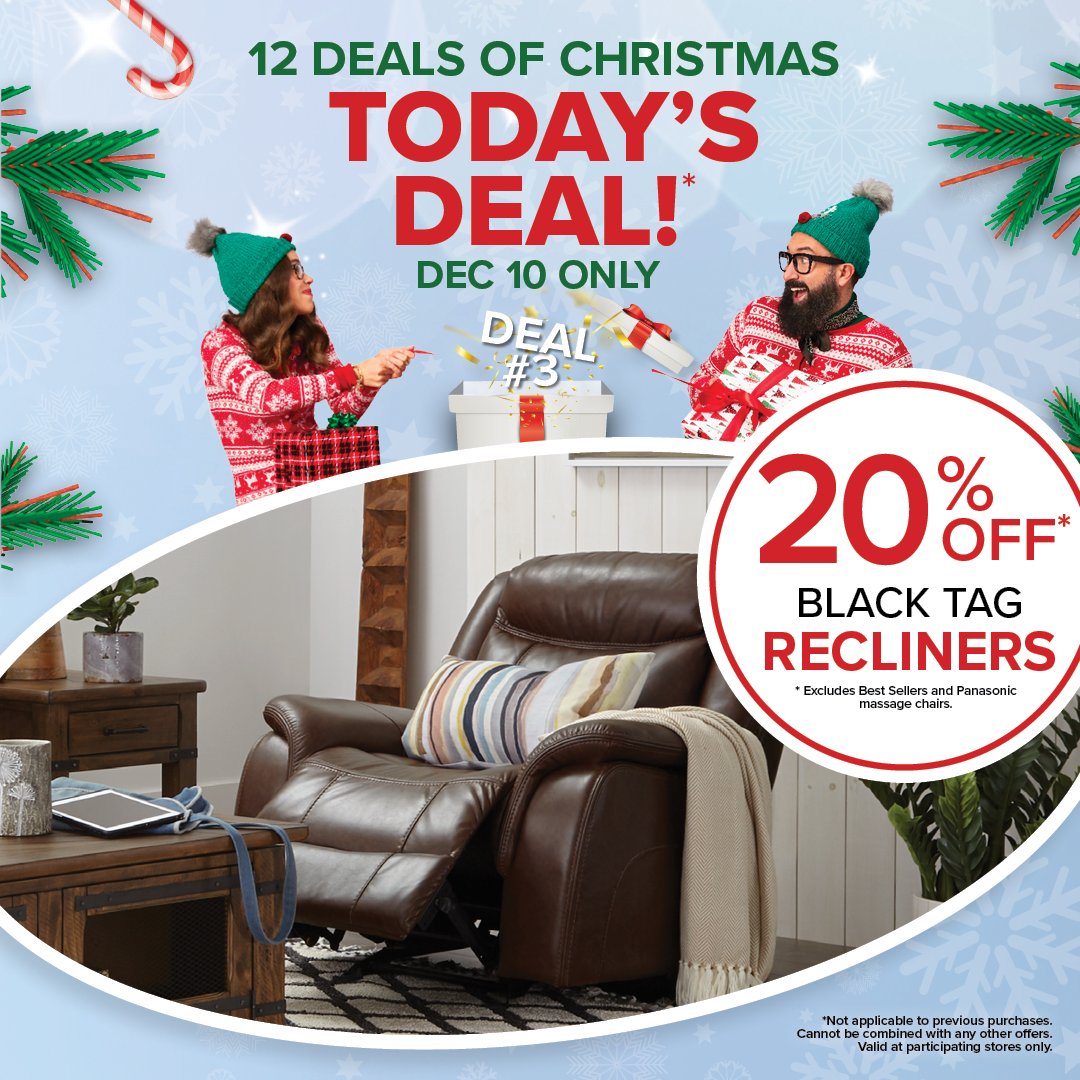 🎁 Day 3 of Leon's 12 Deals of Christmas Brings You 20% Off Black Tag Recliners! 🎄 Hurry, this exclusive offer lasts only 24 hours! 

leons.ca/collections/12…

🕒 December 10th Only! 

Valid at participating stores.