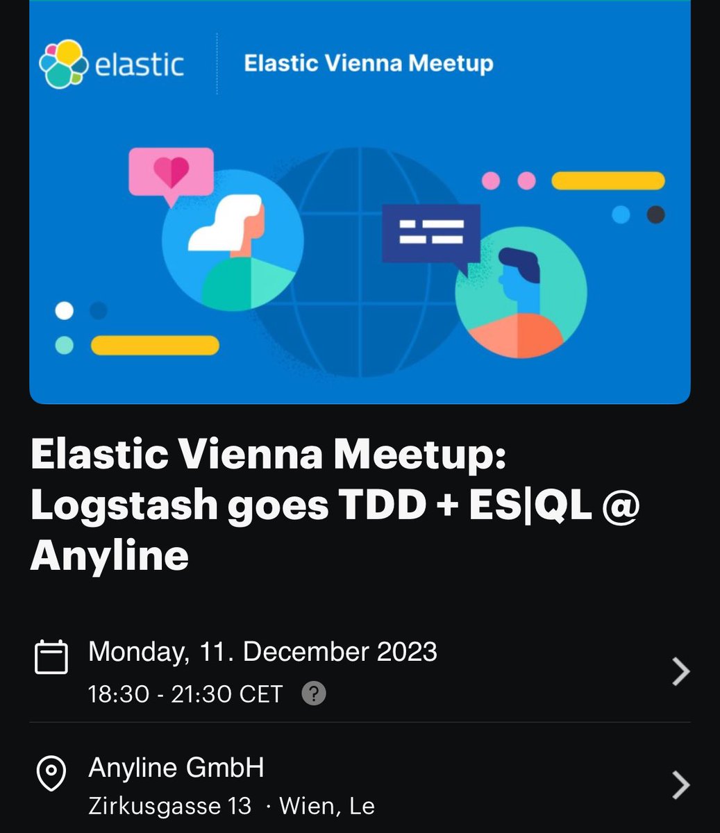 xeraa's tweet image. we‘ll have another @elastic meetup in vienna tomorrow: TDD with #logstash by our host @anyline and ES|QL, the new piped query language for #elasticsearch and #kibana 
join us on meetu.ps/e/MHBLw/4d3Qg/i :)