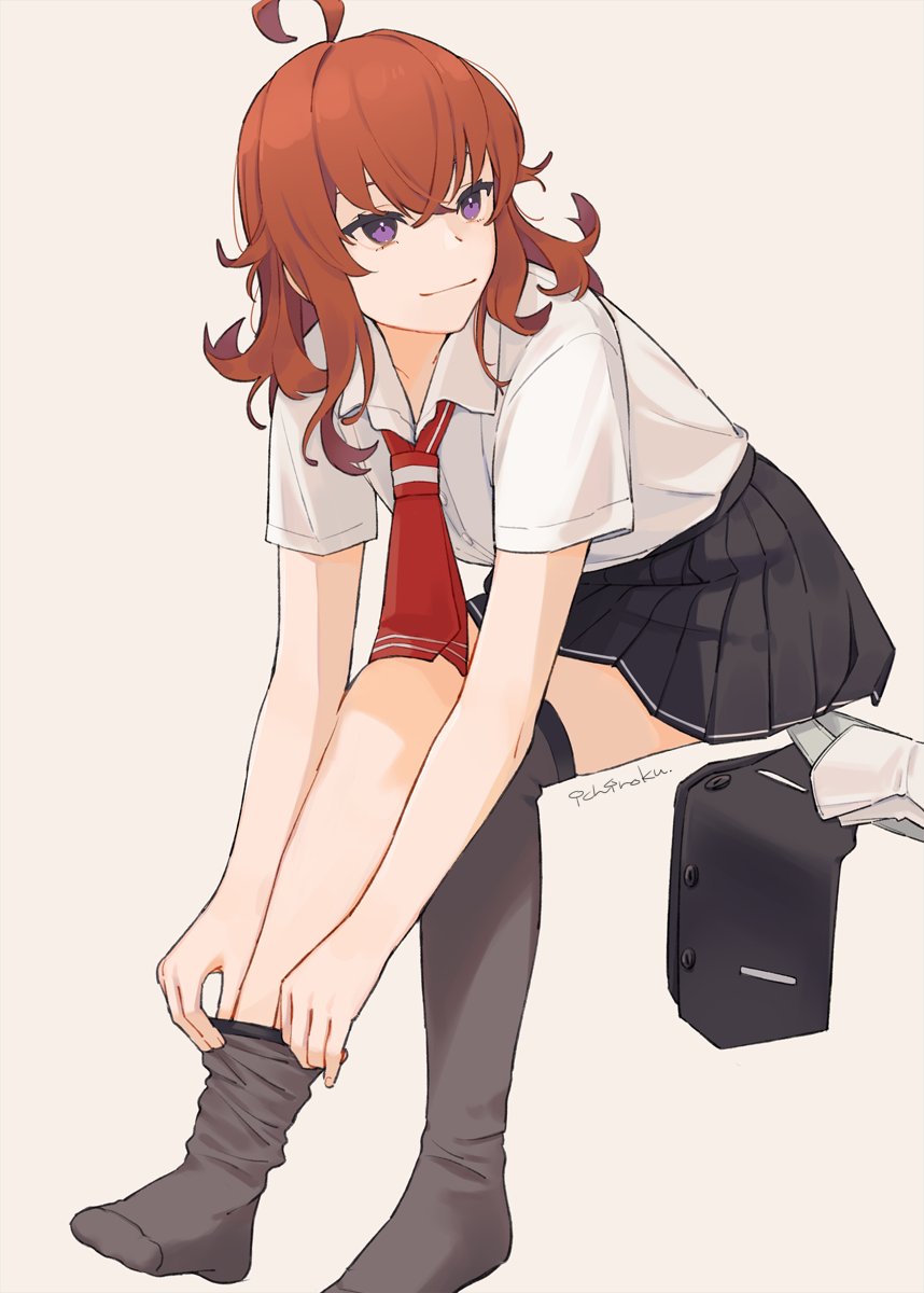 arashi (kancolle) 1girl skirt ahoge shirt red hair pleated skirt thighhighs  illustration images