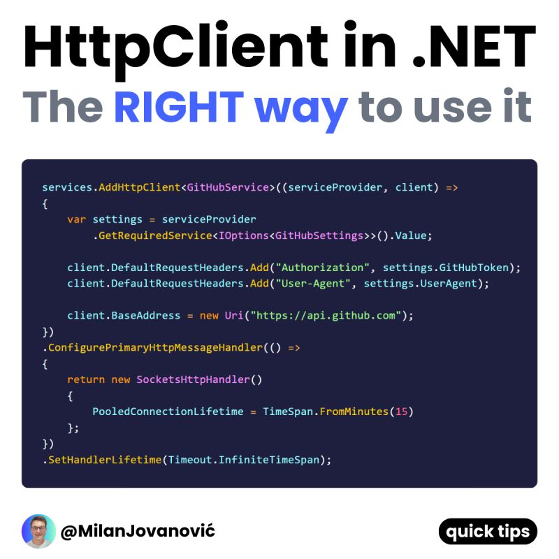 mjovanovictech's tweet photo. What is the RIGHT way to use HttpClient in .NET?

HttpClient is an excellent abstraction and incredibly easy to work with.

Unfortunately, it's also easy to misuse, leading to problems like port exhaustion.

You need to know how NOT to use it.

If you think IHttpClientFactory will solve all your problems, you're only partly right.

Should you use named clients or typed clients?

Find all the answers here: https://t.co/b1rloTGb48