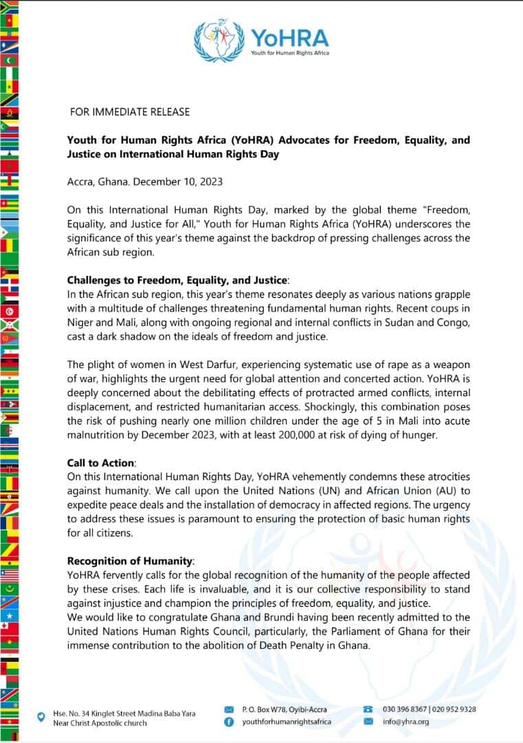 YoHRA__Org's tweet photo. For Immediate Release 
Attn: @amnesty @tv3_ghana @GHOneTV @utvghana @TheGhanaWeb @CitiTVGH @Citi973 @UNHumanRights @hrw #InternationalHumanRightsDay #HumanRights75 #YoHRA #HumanRights2023 #HumanRightsday https://t.co/ln6kUuWuom