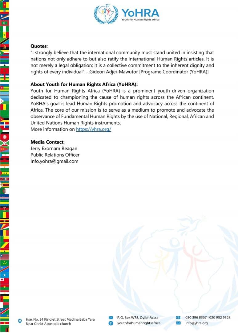 YoHRA__Org's tweet photo. For Immediate Release 
Attn: @amnesty @tv3_ghana @GHOneTV @utvghana @TheGhanaWeb @CitiTVGH @Citi973 @UNHumanRights @hrw #InternationalHumanRightsDay #HumanRights75 #YoHRA #HumanRights2023 #HumanRightsday https://t.co/ln6kUuWuom