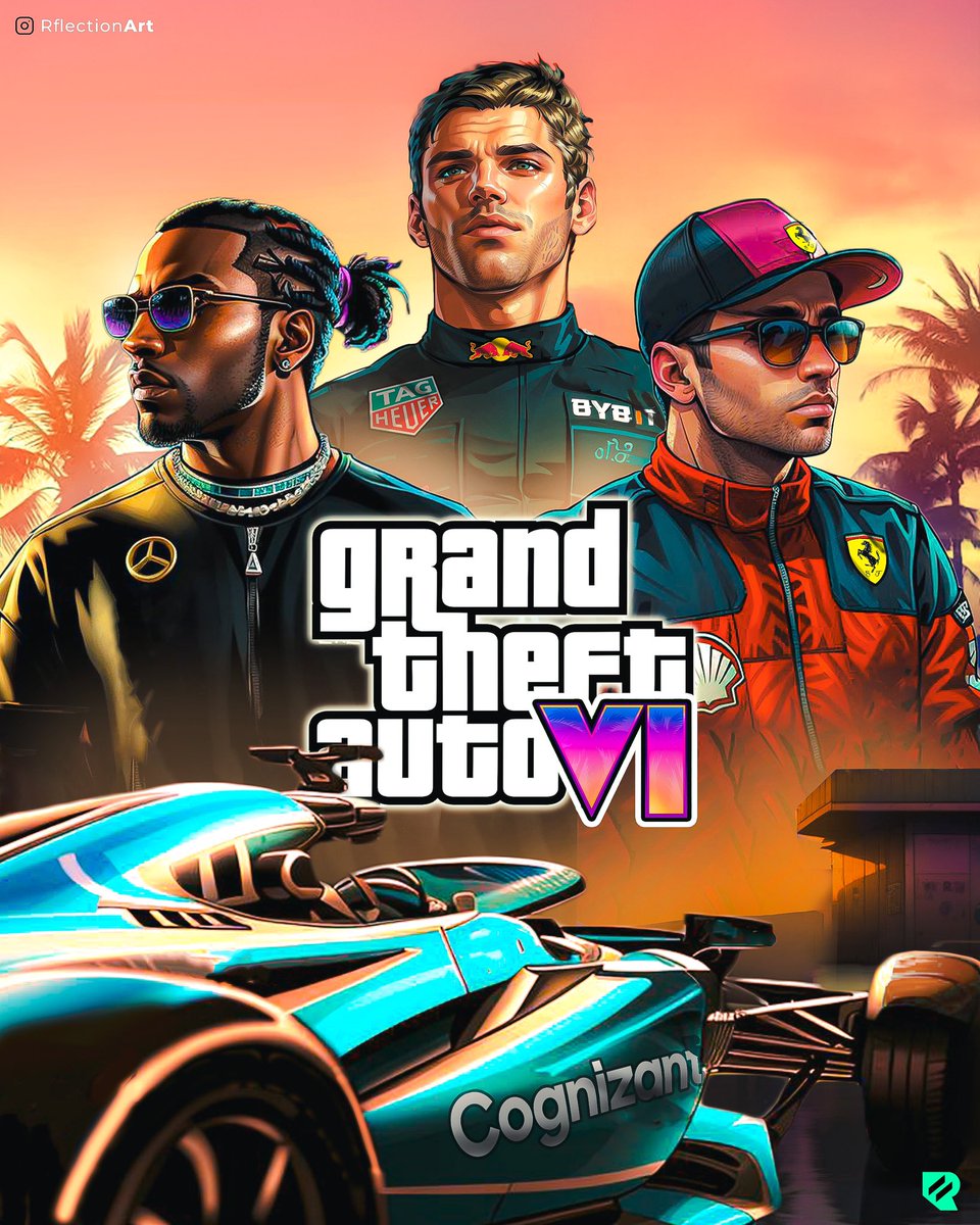 Rflectionart's tweet photo. Formula 1  🤝 GTA VI 

🎨 Concept poster design

@Max33Verstappen | #GTA6 @Charles_Leclerc | @LewisHamilton https://t.co/vZ6kkHDEyF