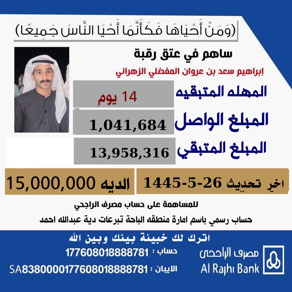 K9u9Majed's tweet photo. اخر تحديث هذا اليوم 
الهمه يا أهل الخير وأهل الجود والكرم
ياشعب طويق العظيم 
لمن يريد الأجر العظيم
ريتويت
نشر
حضورك بالمساحة 
يساعد في عتق رقبة هذا الشاب
وحيد والدته ...
الله يعتق رقابنا من النار 

رقم الحساب في مصرف الراجحي
عتق رقبة إبراهيم سعد الزهراني 
حساب رسمي بإمارة منطقه الباحة 
( تبرعات دية عبدالله أحمد الزهراني )
177608018888781 
SA8380000177608018888781
#الشباب_النصر
#ام_ابراهيم_الزهراني_تنخاكم
#عبدالعزيز_بغلف
#الهلال
#النصر
#الاتحاد
#الاهلي
#مساء__الخير
#حساب_المواطن
#اترك_خبيئه_لك
#موعدنا_الملعب_الاثنين