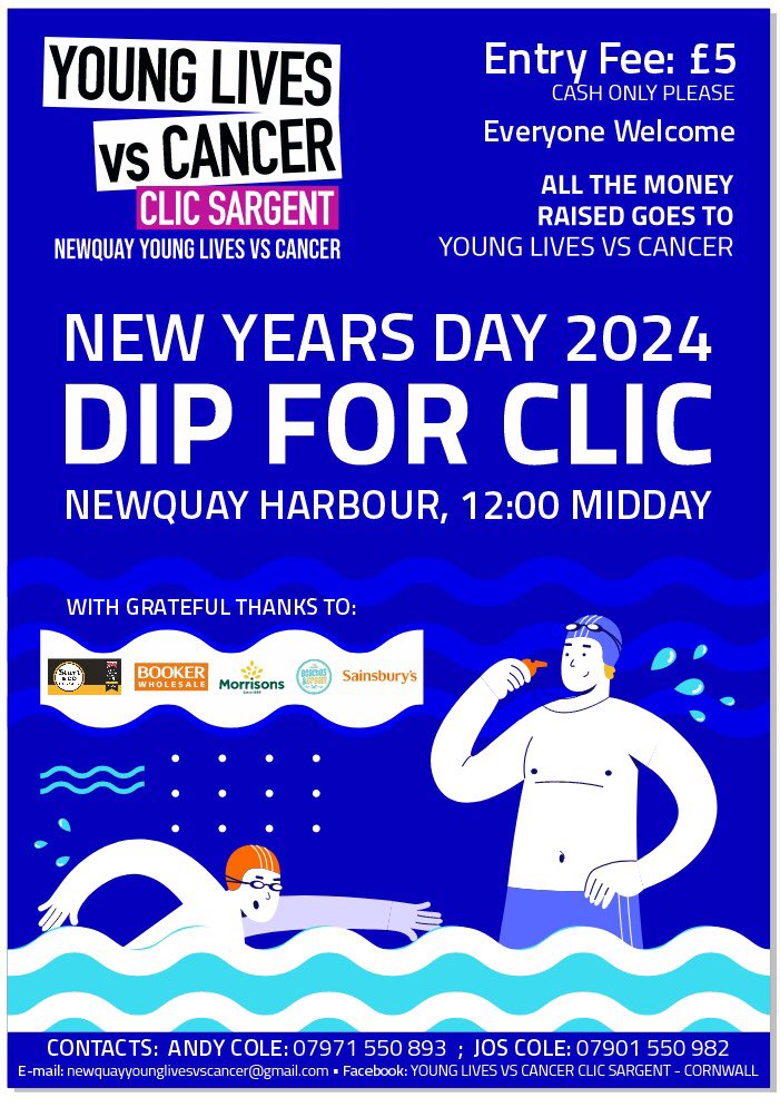 Hope to see you in #newquay harbour @newyearsday @Love_Newquay @NewquayRC @NewquayRNLI @LeukaemiaCareUK @YLvsCancer @TheBluetitsCS @coldsurfers @CarveMag @womens_surfclub @sascampaigns