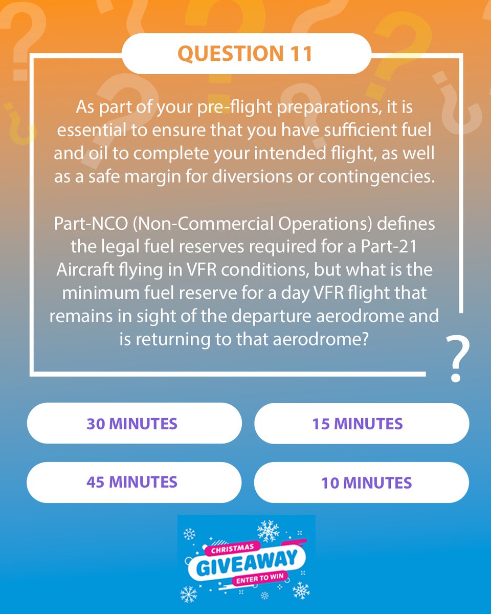 flynqy's tweet image. For a Part-21 aircraft flying under Part-NCO, what are the minimum fuel reserves when conducting a VFR flight by day, if remaining in sight of the aerodrome and returning to that aerodrome?

Head over to our website (before 5pm) to enter #question11 

👉flynqy.co.uk/giveaway/