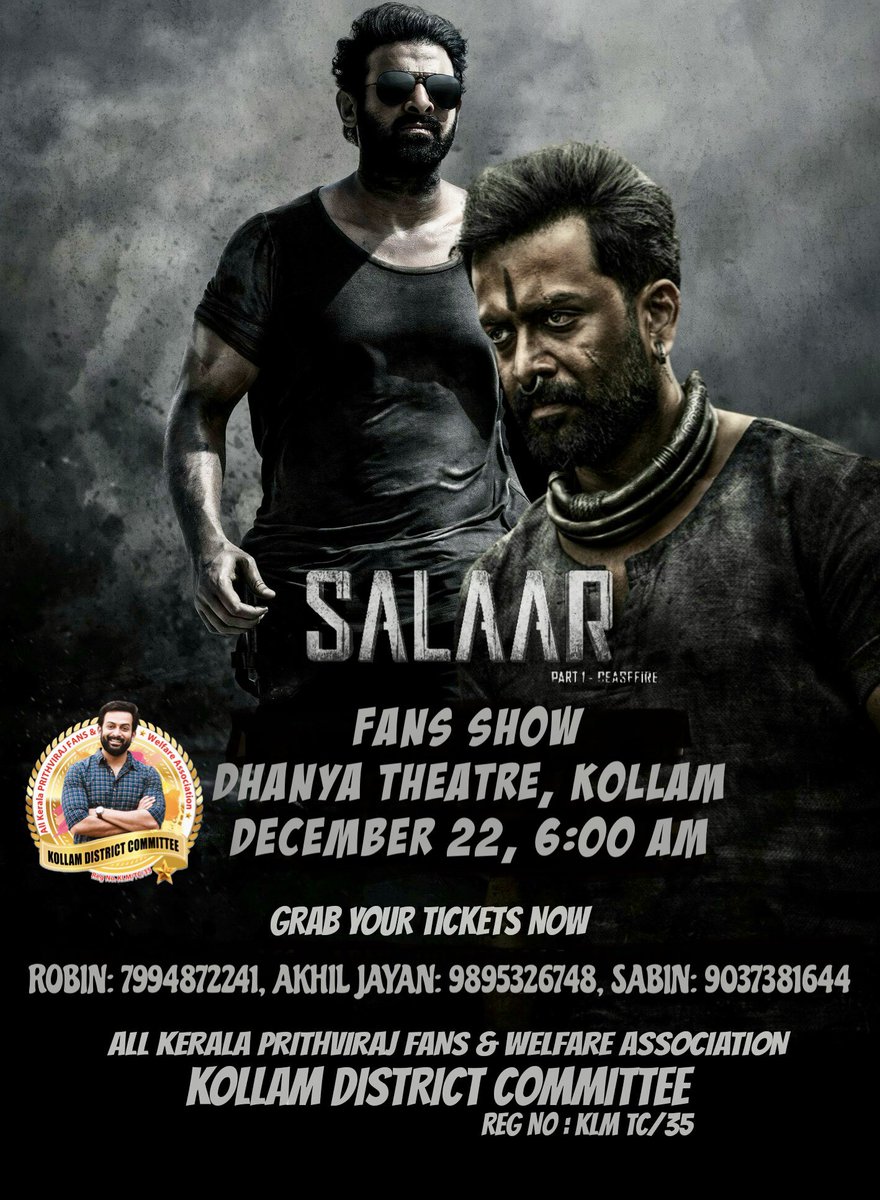 PFCKollamDC's tweet photo. #SalaarCeaseFire fans show booking started at Dhanya Theatre,Kollam by AKPFWA Kollam District Committee !

December 22 , 6 AM !  

🖇️ Grab Your Tickets Now !

#PrithvirajSukumaran https://t.co/m9XNRvvWTx