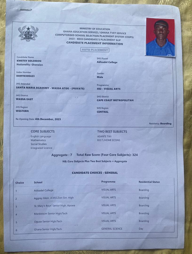 This is a Solomon Kwetey a brilliant but needy Junior High School graduate  who got admitted at ADISADEL COLLEGE but can't make it after the demise of his parents recently.

Please let’s help him reach someone to support his secondary education with a retweet.🥹🙏
<a href="/_santa15/">Santa 15⚫️⚪️</a>