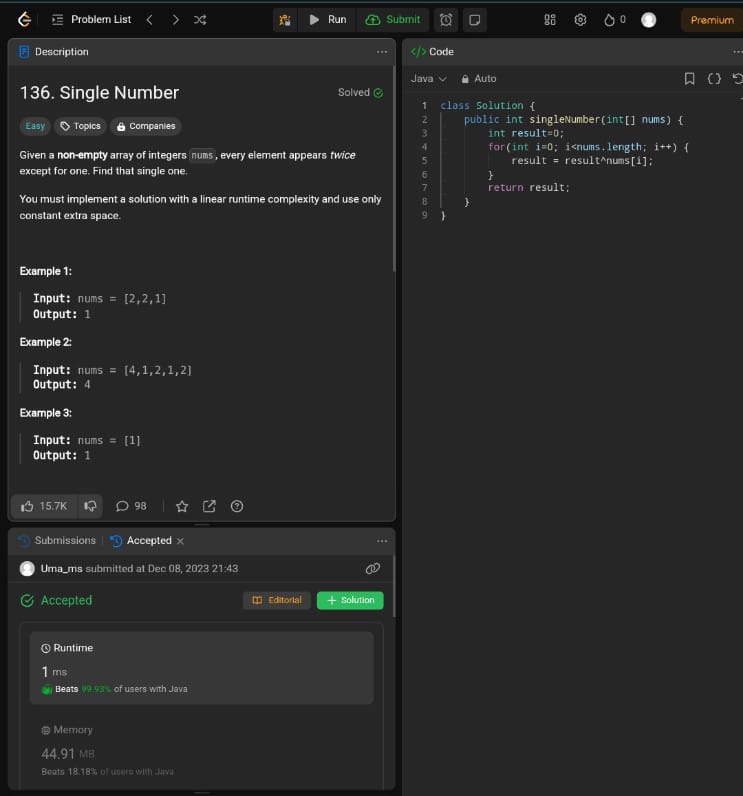 Umamaheswari_ms's tweet image. #day10 LeetCode
Problem: SINGLE NUMBER
Example:
Input: nums = [2,2,1]
Output: 1
@gdsciter
#leetcodechallenge #leetcode100days #100daysofcodingchallenge