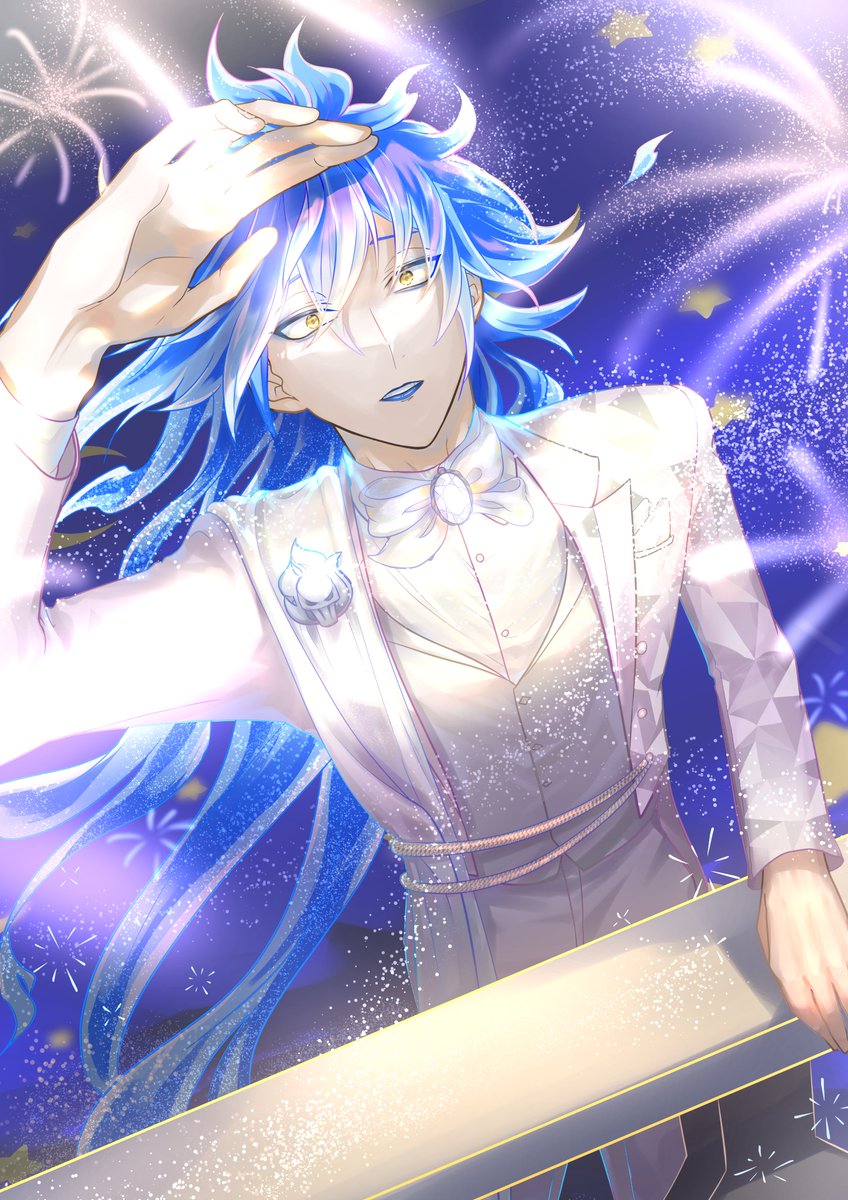male focus long hair 1boy yellow eyes solo blue hair bowtie  illustration images