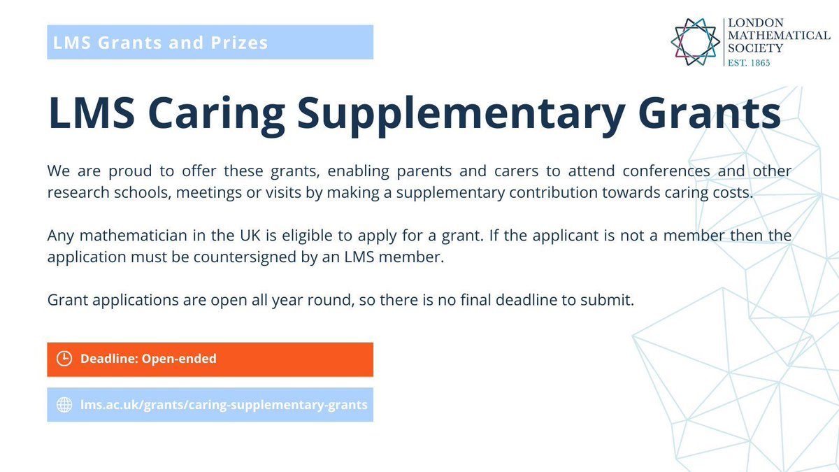A reminder of our Caring Grants, offering payments towards childcare/caring costs to attend conferences, events, meetings or any other visits within the UK or internationally related to their research.

Open to both LMS members and non-members.

➡️ lms.ac.uk/grants/caring-…