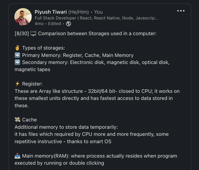 vortex_code1's tweet image. [8/30] 🖥🤖 Comparison between Storages used in a computer:

💾Types of storages:
Primary: Register, Cache, Main Memory
Secondary: Disks, magnetic tapes

Source: Code Help OS Series by Lakshay Kumar

#operatingsystems #developer #codehelp #notes #softwaredevelopment #learning #os
