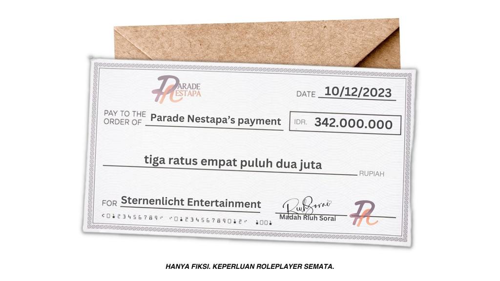 ㅤ

✉️ Parade Nestapa mengirimkan sebuah amplop berisikan selembar cek pembayaran influencer kepada STERNENLICHT ENT.

ㅤ