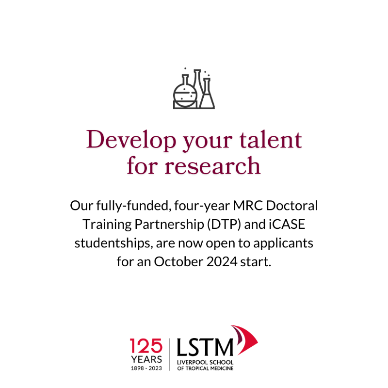 LSTMnews's tweet photo. Our fully-funded, four-year MRC Doctoral Training Partnership (DTP) and iCASE studentships, are open to applicants for an October start.

The deadline for stage 1 applications is Sunday 21st January 2024.

Find out more and apply online: https://t.co/TpF2or1Z9S