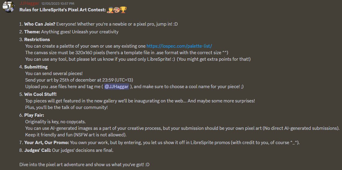 🎉 Hi #PixelArt &amp; #OpenSource fans! :D

🚀 Join the 1st #LibreSpriteArtFest!

🌐 Events:
🎨 #PixelArtChallenge
🤝 #PixelArtCollab

🔗 Join our Discord: discord.gg/95gbyU5

🖼️ Get your art featured &amp; improve #LibreSprite!

👀 Stay tuned for updates!

🔄 RT for pixel love!