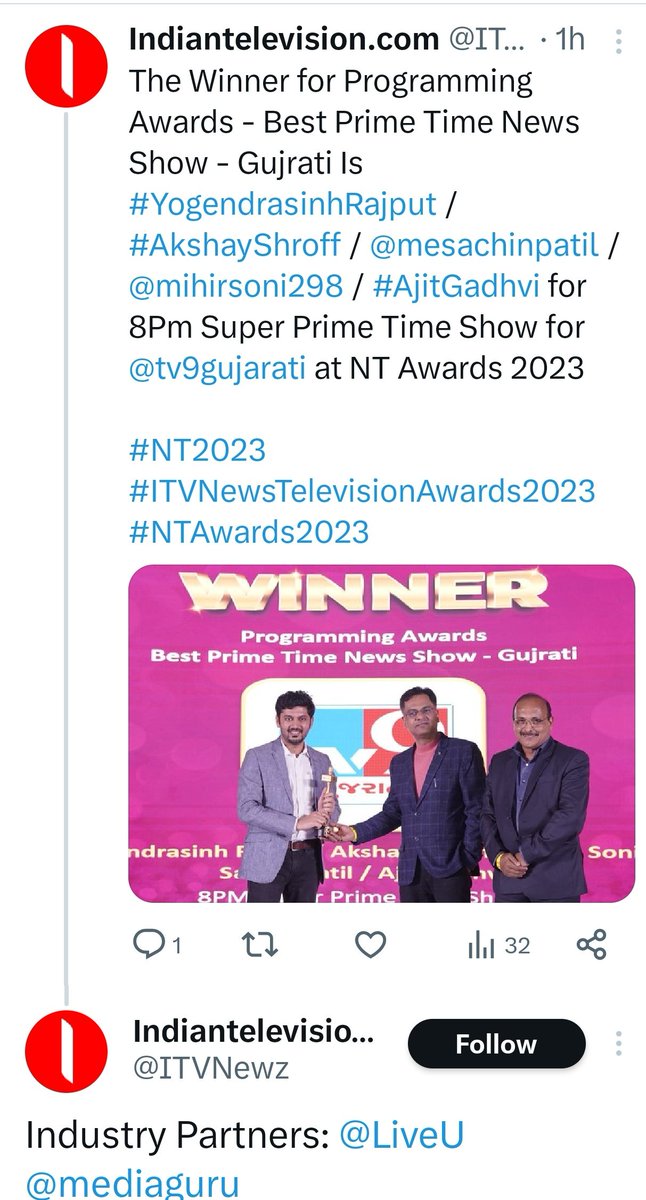 mihirsoni298's tweet image. I am truly grateful to achieve this award . Your recognition inspires me to continue to pursue my passion with even greater enthusiasm. #TV9News #ITVNewsTelevisionAwards2023 
#NTAwards2023 
@tv9gujarati