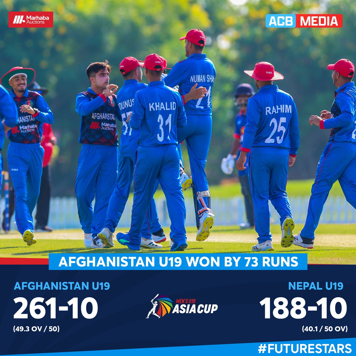 khminawi's tweet image. 𝐀𝐟𝐠𝐡𝐚𝐧𝐢𝐬𝐭𝐚𝐧 𝐅𝐮𝐭𝐮𝐫𝐞 𝐒𝐭𝐚𝐫𝐬 𝐖𝐢𝐧 𝐛𝐲 𝟕𝟑 𝐑𝐮𝐧𝐬! 🤩

Afghanistan U19 Team produced an excellent all-round performance to beat Nepal U19s by 73 runs as they registered their first victory in the #ACCU.