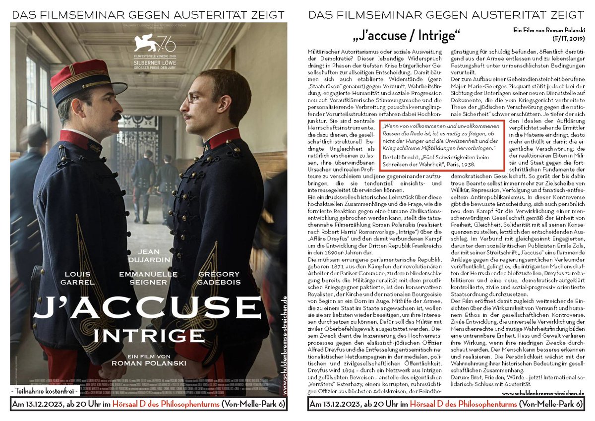 Kino  gegen #Austerität: „J’accuse / Intrige“ von Roman #Polanski aus  dem Jahr 2019 über die sog. #Dreyfus-Affäre. Mi., 13.12., 20.15 Uhr, <a href="/unihh/">Universität Hamburg</a> 
Einführung + Diskussion mit Historikerin Dr. Johanna Meyer-Lenz
Flugblatt: schluss-mit-austeritaet.de/event/filmsemi…
Trailer: youtube.com/watch?v=TjG-nk…