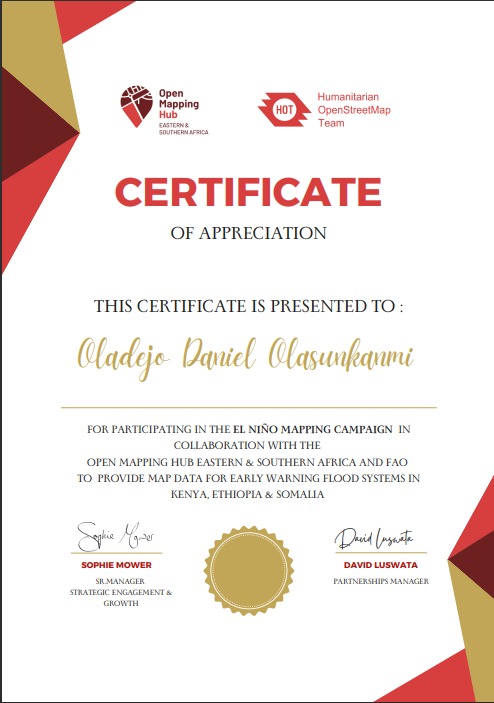 ola_theCoder's tweet image. Excited to have contributed to the El Niño Mapping Campaign. It&apos;s a worthwhile experience.

Thank you @openmapping_esa @FAO @hotosm for the opportunity.

#maps #GIS #geospatial