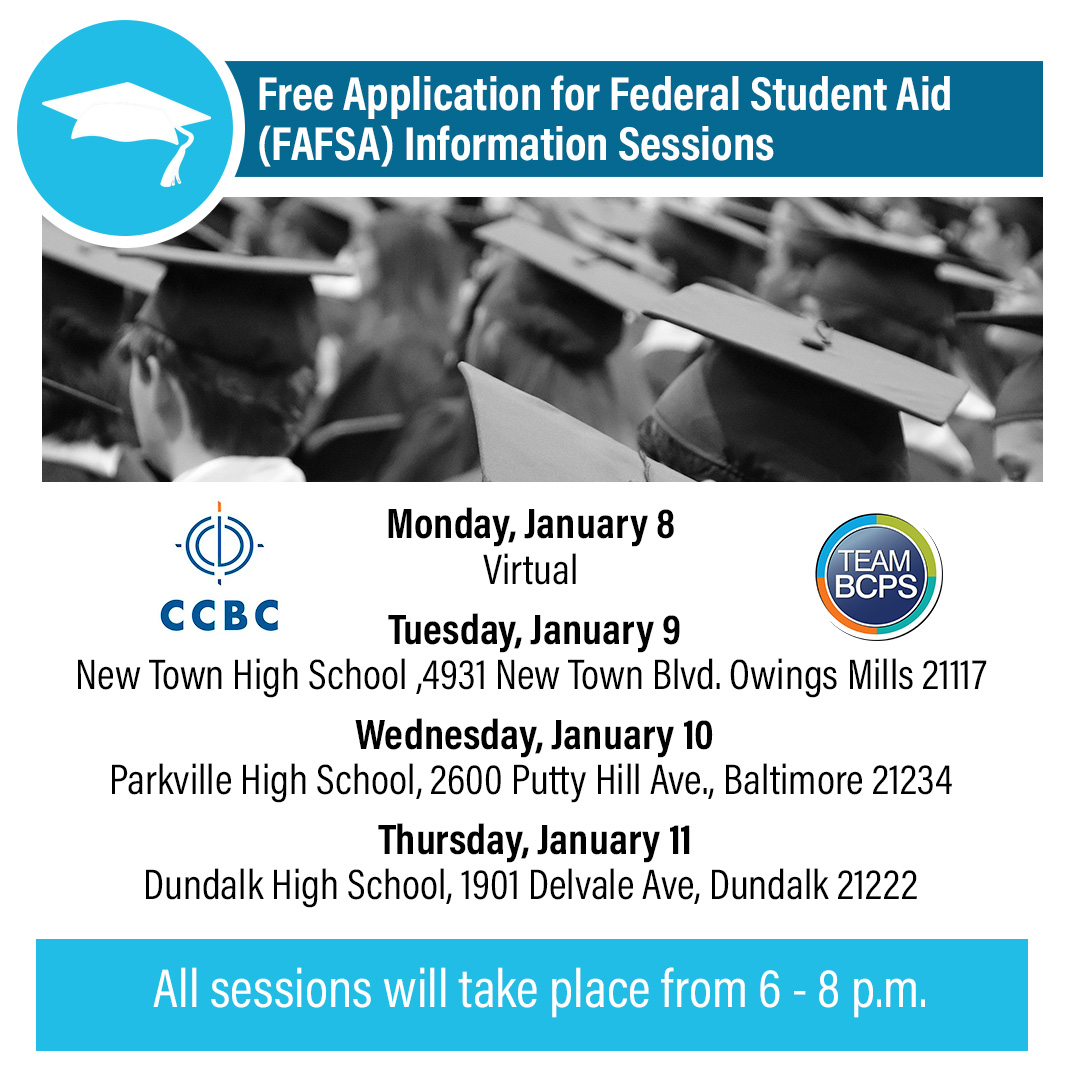 🎓 We are partnering with @CCBCMD to offer four opportunities for families to get information and support on completing the 2024-2025 Free Application for Federal Student Aid. Spread the word! Please RSVP online at forms.office.com/pages/response…