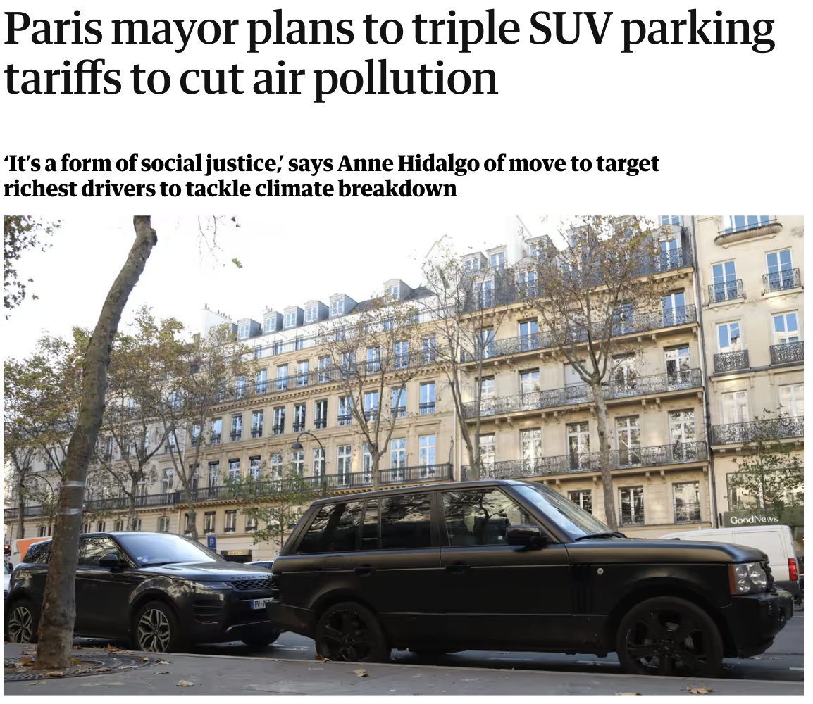 'Paris intends to triple parking charges for large SUVs in order to push them out of the city and limit emissions and air pollution.' Paris Mayor Anne Hidalgo: “It is a form of social justice.' theguardian.com/world/2023/dec…