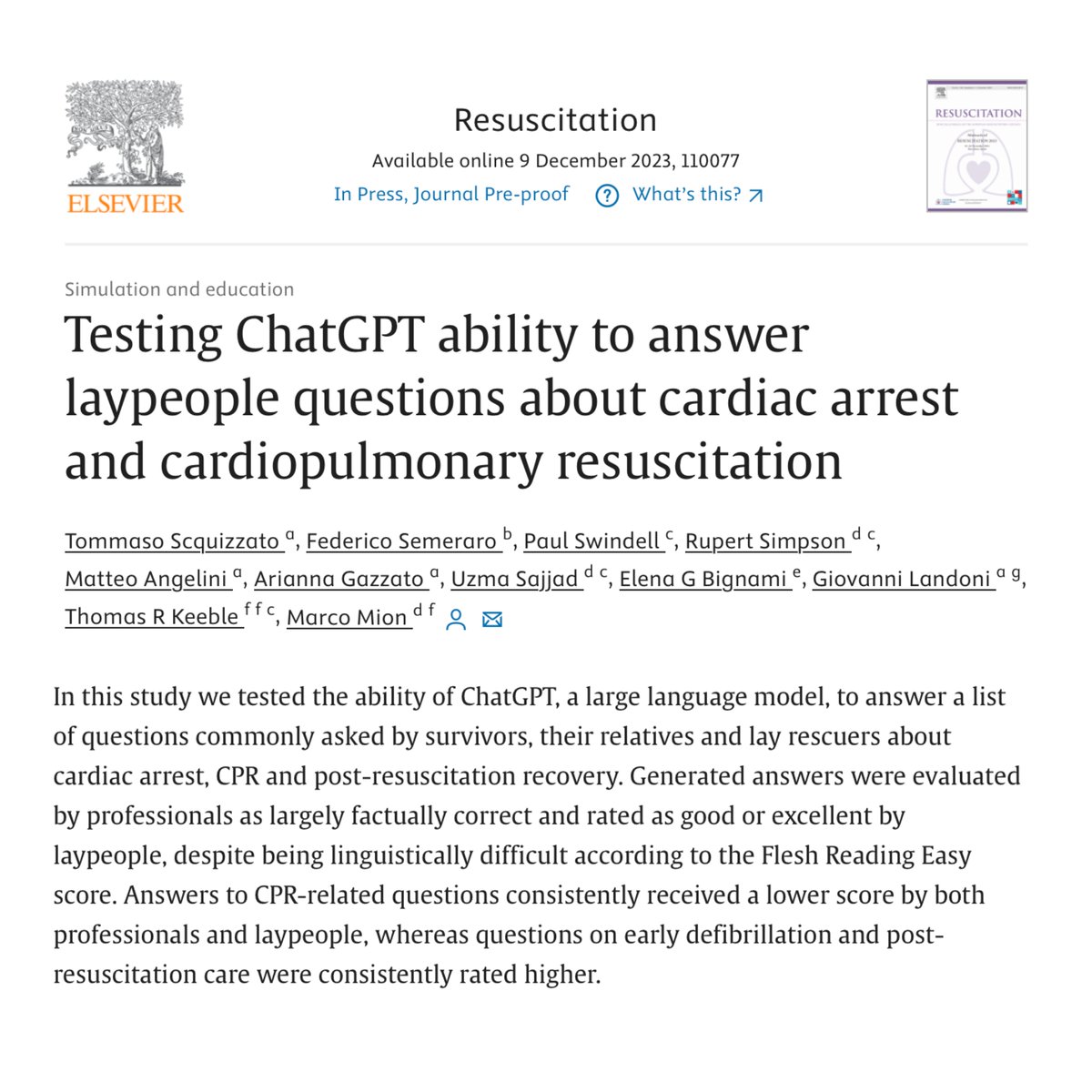 🤔 Is #ChatGPT good at answering laypeople questions about cardiac arrest and CPR? YES, EXCEPT FOR CPR QUESTIONS! Answers were evaluated also by laypeople, survivors and relatives from @WeAreSCAUK, real potential future users of such technology 🔗 resuscitationjournal.com/article/S0300-… 🧵1/8