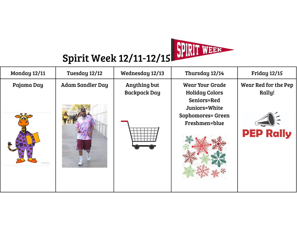 Tomorrow kicks off the annual Holiday Spirit Week at PLHS. All students, faculty, and staff are encouraged to participate to ensure the week is festive and spirited!