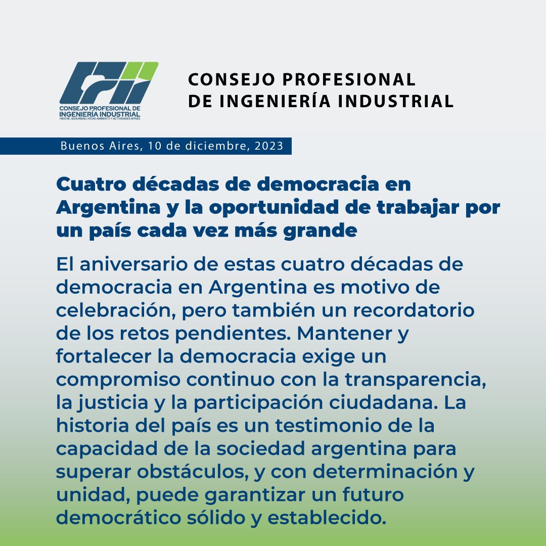 cpii_caba's tweet photo. 10 de diciembre de 2023
Cuatro décadas de democracia en Argentina y la oportunidad de trabajar por un país cada vez más grande.
#cpii #democracia #40añosdemocraciaArgentina #unidadnacional #argentina2023 #ConsejoProfesionaldeIngenieríaIndustrial #ciudadania #participacion https://t.co/NZaUoVRQT6
