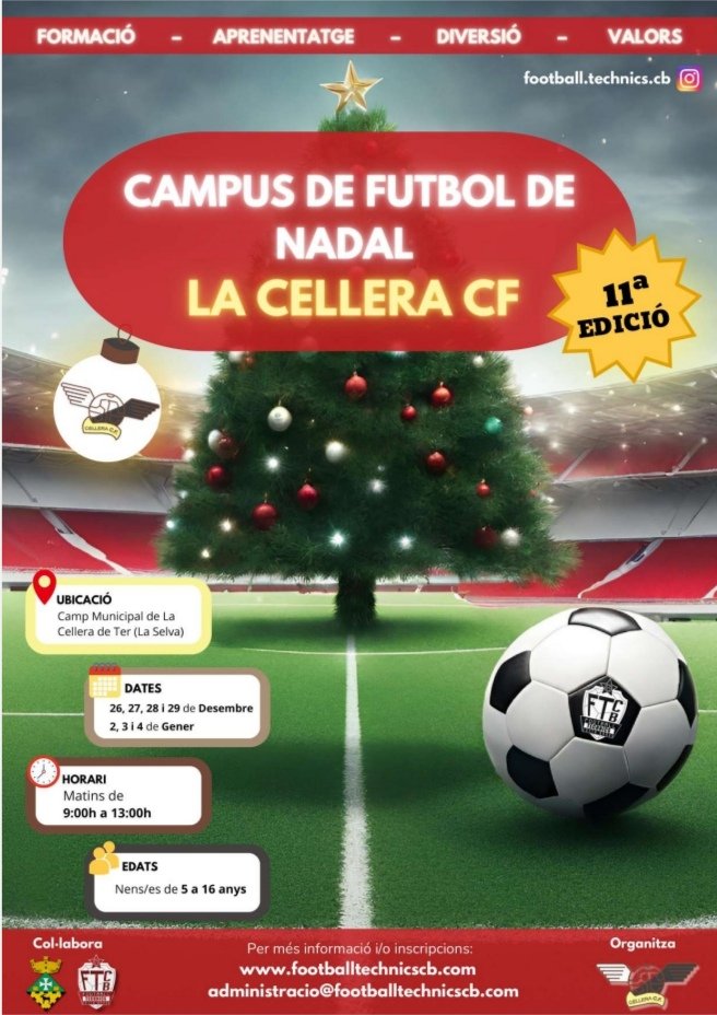 Nova edició del Campus de Nadal a #lacelleradeter.
Últim dia per fer inscripció, el diumenge 17 de desembre.
SOM-HI!! ⚫ ⚪ ⚽ 🎄