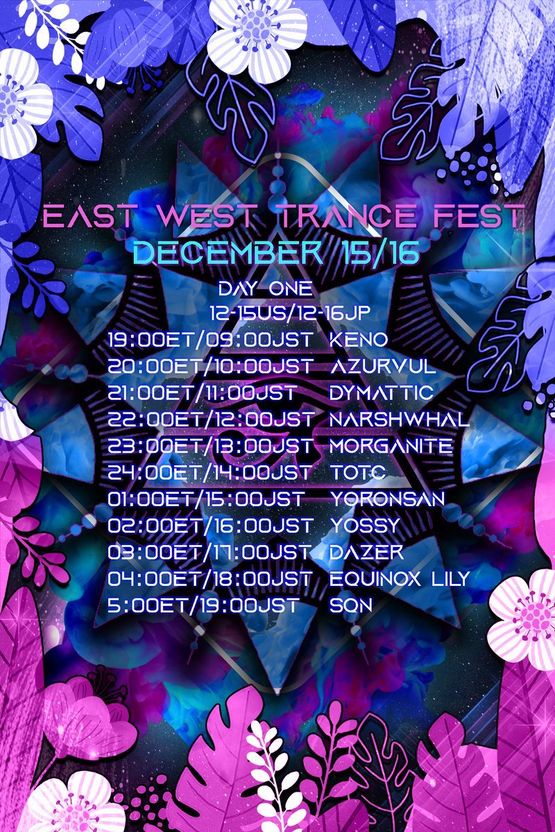 RuTransverse's tweet photo. East West Trance Fest is back! It's a huge lineup to celebrate! We'll be in multiple venues, acrossed multiple time zones with all our friends and artists! Prep your tabs, grab your caps, and prepare for blast off for the biggest EWTF yet!  12-15 &amp; 16(US)/ 12-16 &amp; 17 (JP) #VRChat https://t.co/Jxc6Nw7SRX