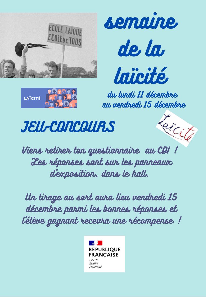 [JOURNÉE NATIONALE DE LA LAÏCITÉ ]
Ce vendredi 8 décembre, nous avons célébré la journée nationale de la laïcité au Lycée #Jean-Baptiste Clément.
Un concours à destination de nos lycéens est organisé cette semaine.
 #loidu9décembre1905
<a href="/aitrene1/">Ait Braham</a> <a href="/AcReims/">Académie de Reims</a> <a href="/CardieReims/">Cellule innovation - Reims</a>
