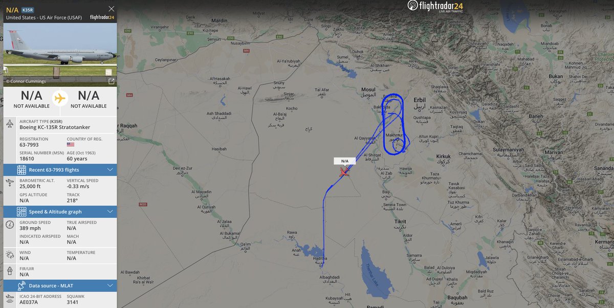 #USAF KC-135R stratotanker on the flight radar, currently circling over the north east of iraq. #AE037A